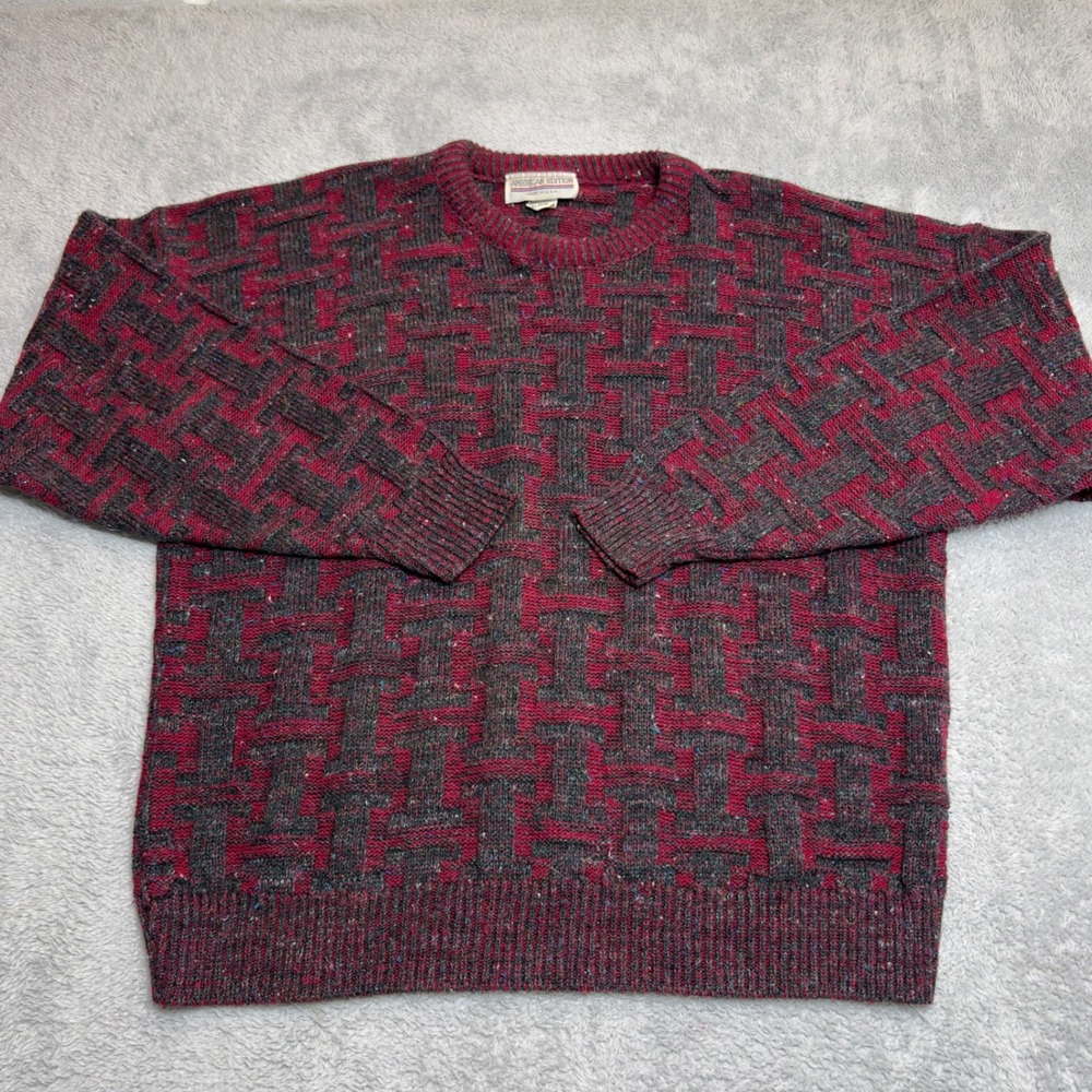 American Edition Sweater Mens 2XL Burgundy Grey Geometric Knit USA Vintage